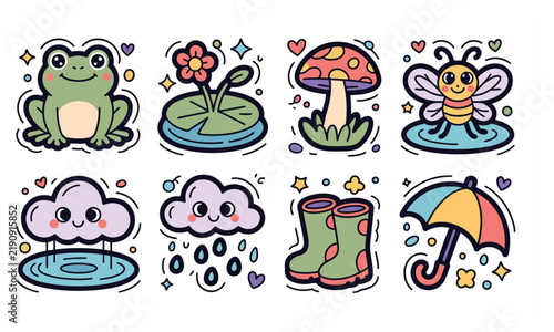 Cute Frog doodle sticker illustration bundle