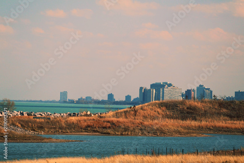 City Skyline Beyond Grassy Shore

