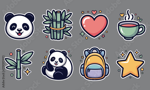 Cute Panda doodle sticker illustration bundle