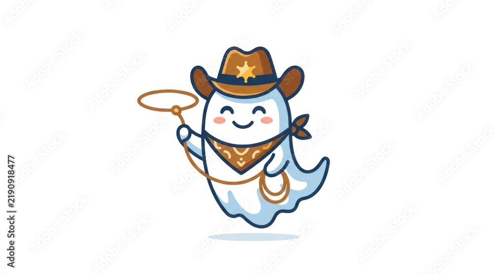 Obraz premium Cute cartoon ghost wearing cowboy hat holding rope lasso.