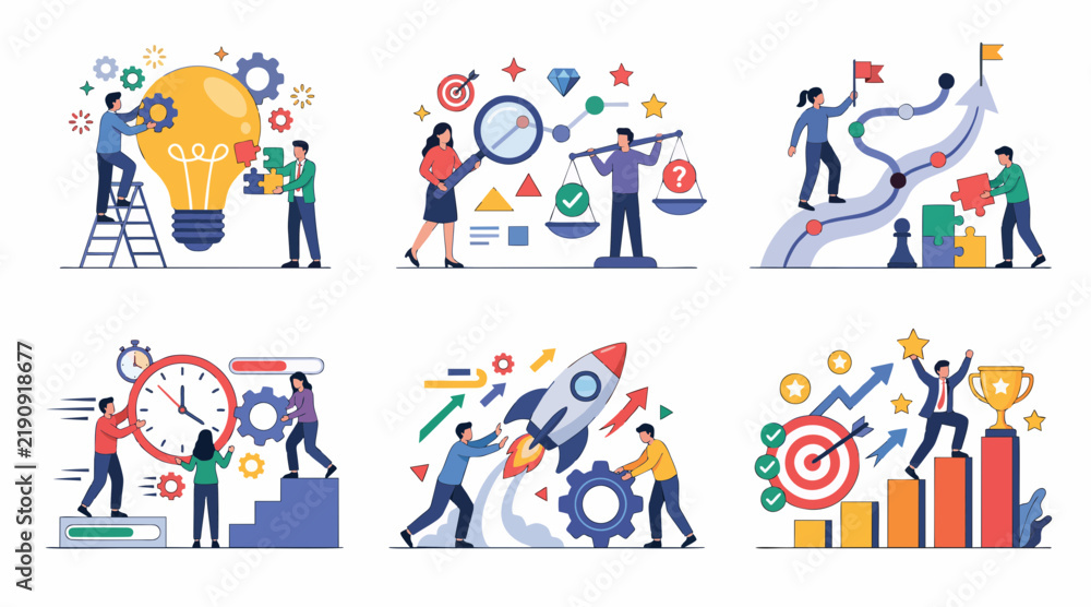Fototapeta premium Business professionals working together on diverse strategic tasks in this colorful flat vector graphic set design