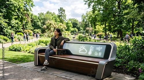 Woman sitting on a futuristic smart bench in a green public park