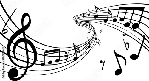 Принти на полотні Black and white music notes on wavy musical staff lines with treble clef for cre