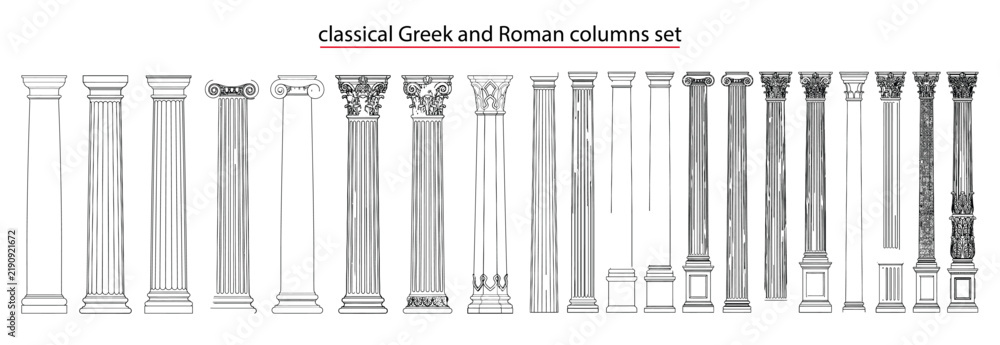 Obraz premium Classical Greek and Roman columns, Doric, Ionic, Corinthian and Composite architectural line drawings for historic buildings, CAD elevations and restoration design