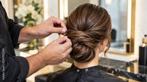 Hairstylist shaping an elegant updo hairstyle for a woman in a bright modern beauty salon with hairstyle hairstylist grooming