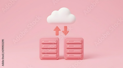 Obraz na płótnie Cloud computing and data storage concept 3D render with server racks and upload download arrows on pink background