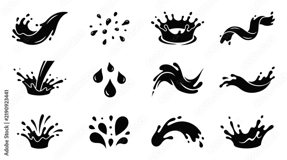 Fototapeta premium Dynamic collection of black water splashes and drops in various forms.