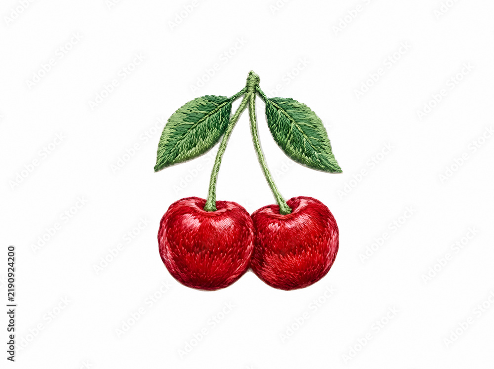 Obraz premium Two red cherries with green stems and leaves on white background