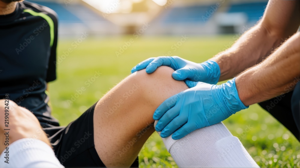 Obraz premium A sports medic wearing blue gloves is examining the knee of a player sitting on the green field.