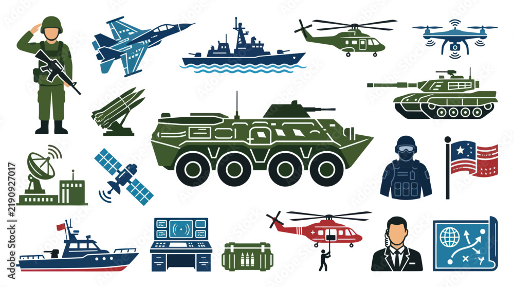 Fototapeta premium Flat Design Military and Army Icons. Defense, Warfare, and Armed Forces Equipment, Vehicles, Personnel
