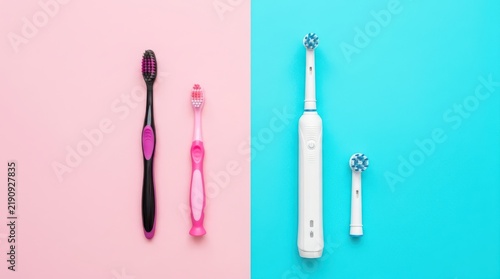Manual and electric toothbrushes on pink and blue background