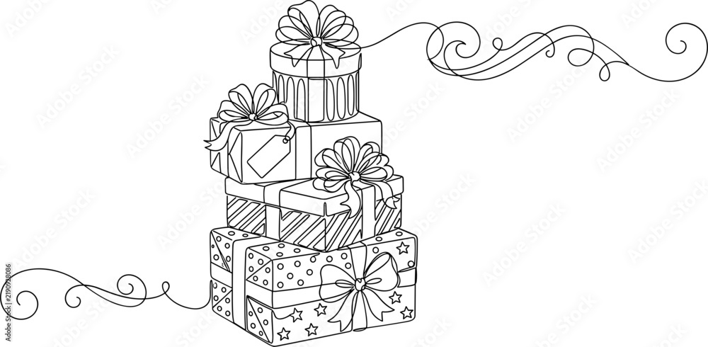 Fototapeta premium A stack of wrapped gift boxes adorned with ribbons and bows.