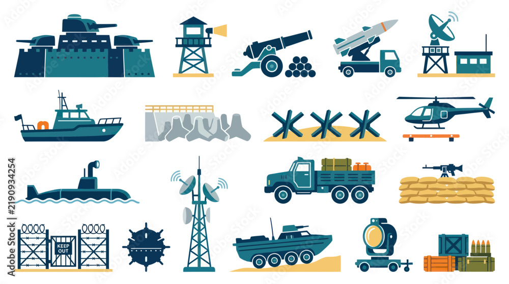 Fototapeta premium Flat Design Vector Collection of Military and Defense Army Equipment, Vehicles, and Weapons Icons