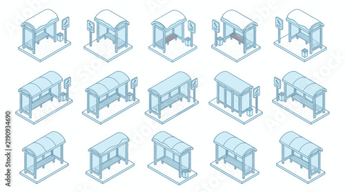 Professional Isometric Set of Modern Bus Stops with Benches and Shelters in Light Blue and White