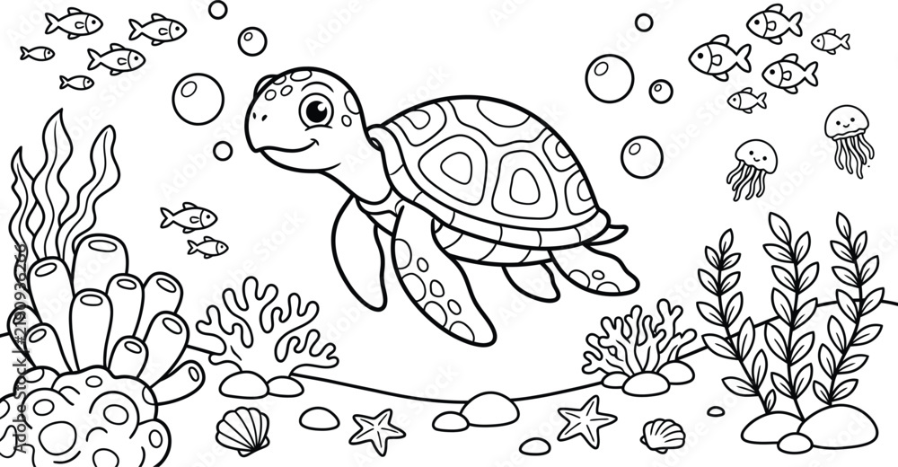 Obraz premium A delightful underwater scene featuring a charming sea turtle swimming amongst coral and bubbles perfect for creative coloring