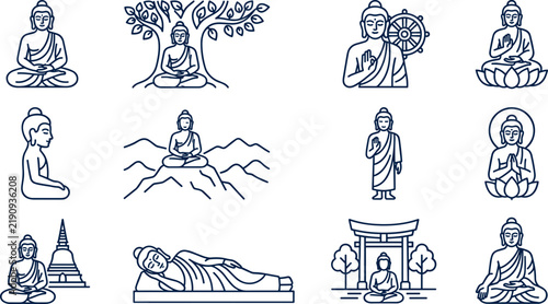 Foto Collection of Buddha Icons Meditating Enlightenment Reclining and Pagoda Line Ar