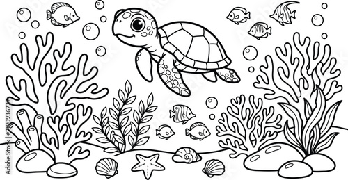 A delightful underwater scene featuring a cute sea turtle swimming amongst coral bubbles and colorful fish perfect for coloring