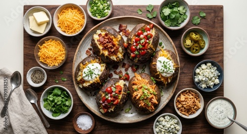 Top view of assorted loaded baked potatoes with various savory toppings like bacon, cheese, sour cream, and fresh salsa, served on a rustic wooden platter with small bowls of garnishes.