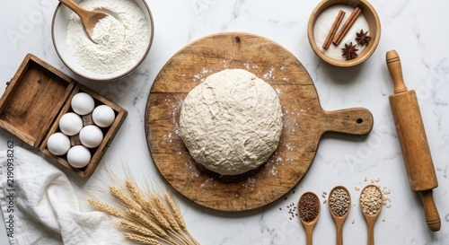 Top view of fresh raw bread dough on a wooden board surrounded by flour, eggs, wheat stalks, and various healthy grains on a white marble kitchen surface. Perfect for rustic baking concepts.