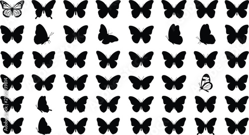 Black butterfly silhouette collection, 54 insect vector icons set, decorative butterfly wing shapes on white background, nature graphic design elements
