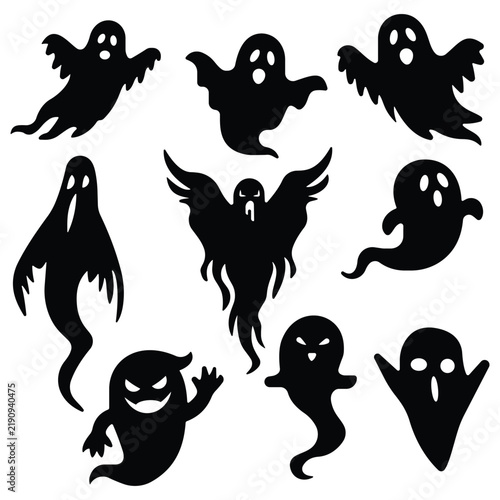 Halloween ghost vector illustration. Halloween ghost icon silhouette. Set of halloween monsters. Vector spooky spirit with raised arms. Spooky scary ghost for Halloween party and holiday design.