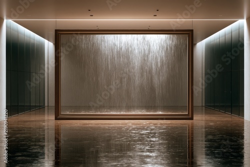 Empty picture frame contains falling rain inside a gallery