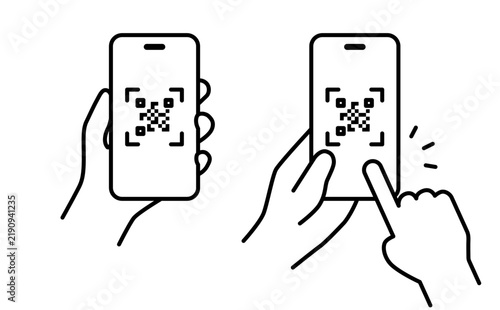 QRコードを表示したスマートフォンを持つ手のイラスト（モノクロ）