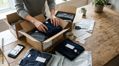 Small business online shop clothing packaging shipping entrepreneur home office e commerce retail delivery service Small business owner packing clothing orders wooden table feeling focused