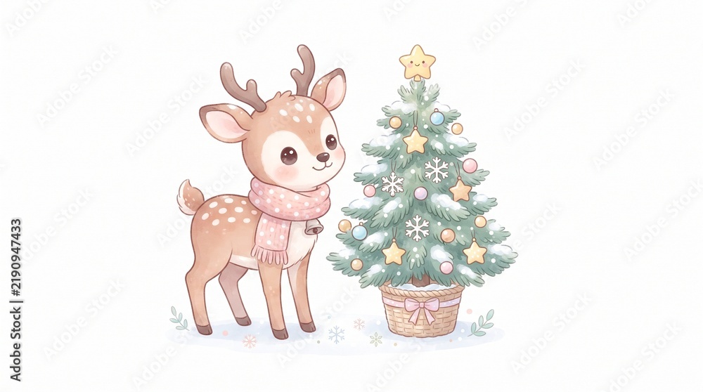 Fototapeta premium Baby deer beside evergreen tree