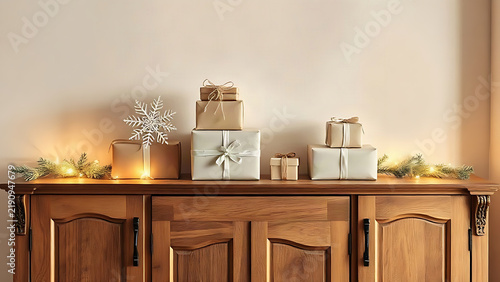 Winter gift boxes, paper snowflakes and string lights on wooden sideboard for cozy holiday retail display