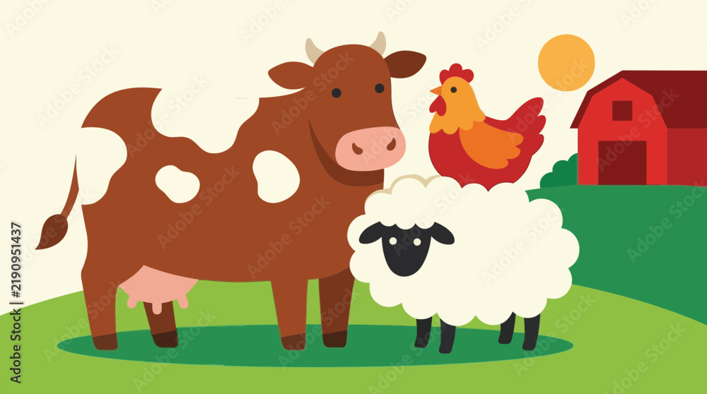 Fototapeta premium Farm Animals Cow Sheep Chicken Barn Sunny Day
