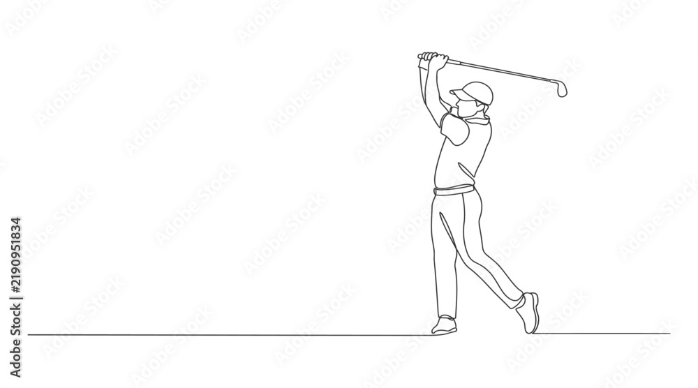 Obraz premium Minimalist single continuous line drawing of a golfer swinging a club with golf swing