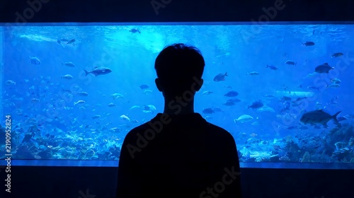 Mysterious Silhouette Person Watching Vast Deep Blue Aquarium Fish