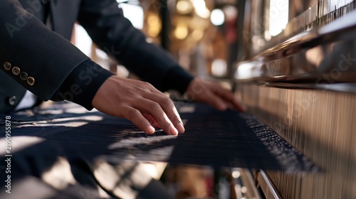 Plakat Skilled hands guide threads on a traditional weaving machine.