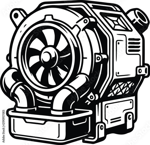 Industrial mechanical air blower unit in a detailed black and white vector illustration.