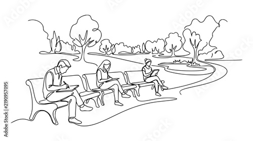 People Sitting on Park Benches Drawing and Writing, Continuous Line Art