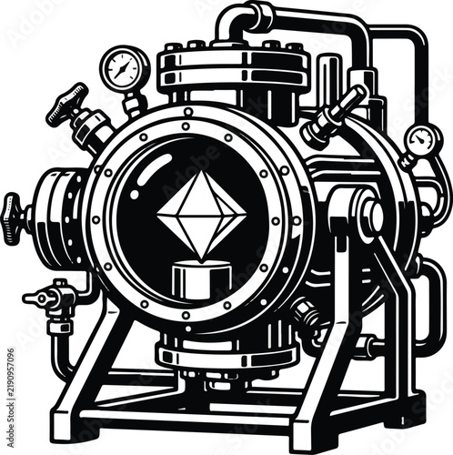Industrial machine with glowing crystal in center.