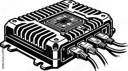 Industrial embedded computer controller with connected ethernet cables.