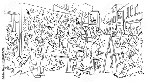 Bild auf Leinwand Outdoor Art Festival: People Drawing and Painting on Easels and Wall