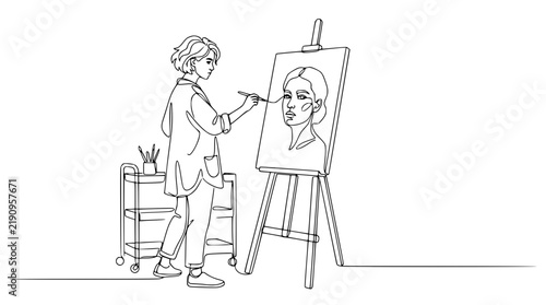 Artist painting portrait on easel, continuous line art, isolated
