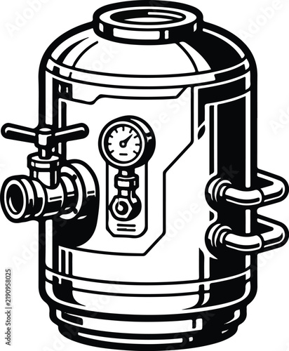 Industrial water filter tank with pressure gauge and control valve.