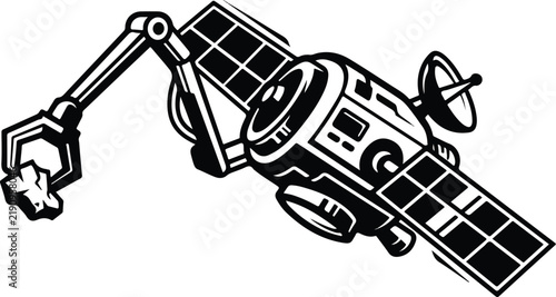 Satellite with Robotic Arm Grabbing Asteroid Illustration.