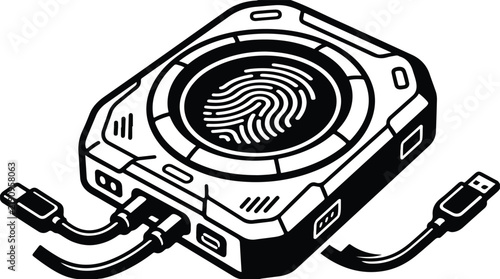 Isometric illustration of an external hard drive with fingerprint scanner security.