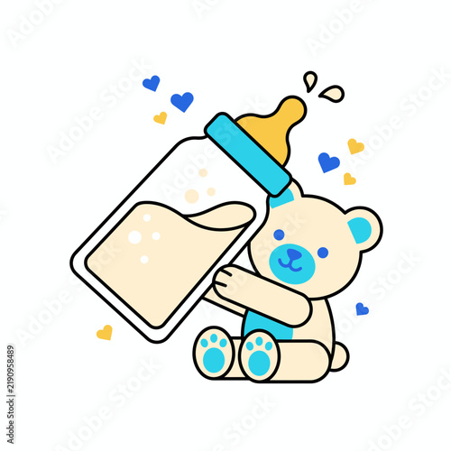 Cute Teddy Bear Holding a Baby Milk Bottle Vector Illustration