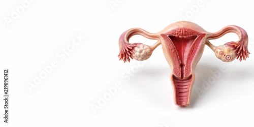 Anatomical uterus model with ovaries on white background with copy space. concept of medical education, reproductive health, gynecology study, banner
