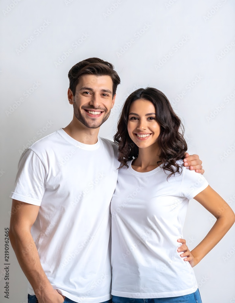 Fototapeta premium Happy Young Couple in Blank White T-Shirts Studio Portrait