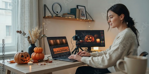 Young woman video editor working on a laptop at a desk with halloween decorations, happy halloween, halloween celebration theme