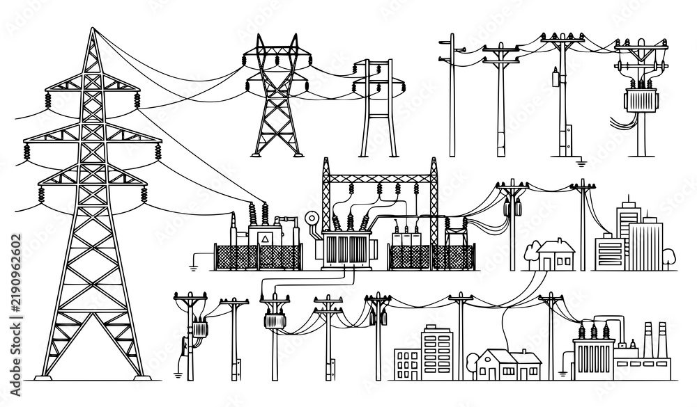 Fototapeta premium Electric Power Distribution Line Illustration Set Vector Transmission Tower Utility Pole Substation City Grid Infrastructure
