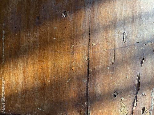 Weathered wooden surface with peeling varnish and deep crack detail, warm golden hour sunlight falling across damaged texture background