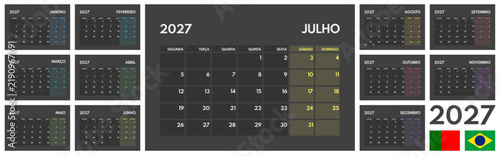 2027 whole year wall vertical printable calendar template, portuguese language 12 months grid, each month on separated page, mobile app mockup, starts monday, two weekends, black background